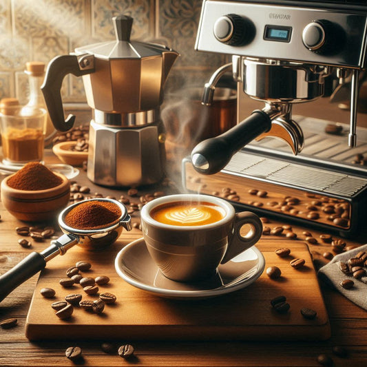 Espresso Fair Transfair in einer Tasse mit Crema, zubereitet mit Siebträger, Espressokocher und Vollautomat auf einem Holztisch – Kaffeegenuss