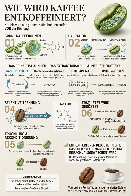 Wissenschaftliche Pinterest-Infografik von TeeBohne Einbeck zum Prozess der Kaffee-Entkoffeinierung vor der Röstung: Darstellung von Rohkaffee, molekularen Strukturen und Extraktionsverfahren wie Wasser, CO2 und Lösungsmitteln.