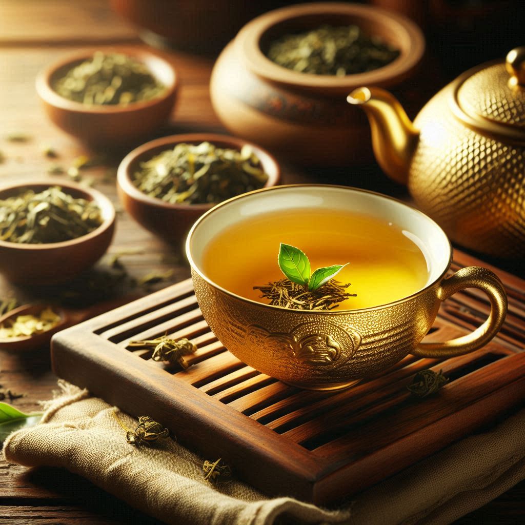 Gold-gelbe Tasse Chinesischer Sencha Grüntee mit handverlesenen Teeblättern auf Holztisch