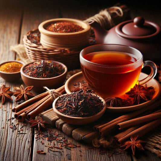 Hochwertiger Rooibos Tee in einer Tasse mit rötlicher Farbe, mildem Aroma und koffeinfreiem Genuss – perfekt für jede Tageszeit