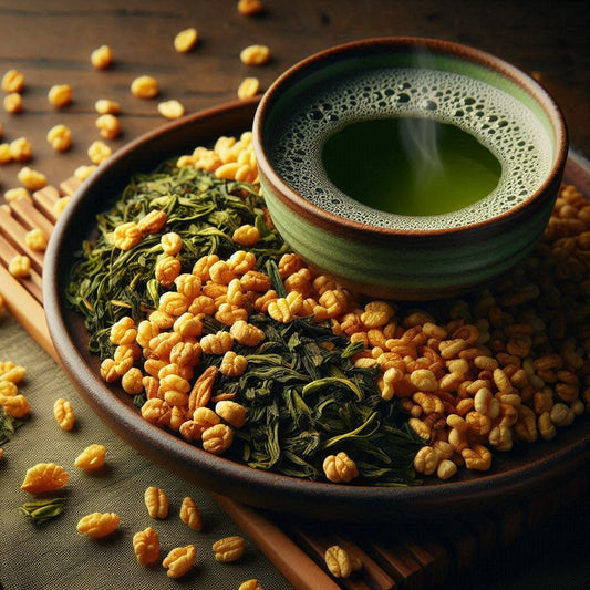 Japan Genmaicha lange, flache Sencha-Blätter in einem satten Grün, durchzogen von goldbraun geröstetem Puffreis