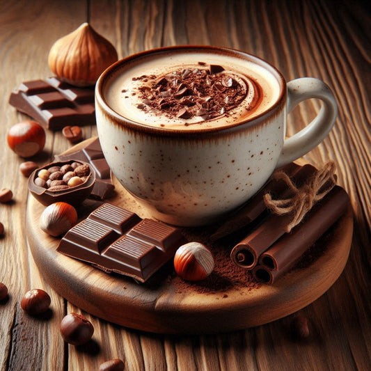 TeeBohne Tasse Aromakaffee Schoko Haselnuss mit Schokoladen- und Haselnussstücken auf Holztisch