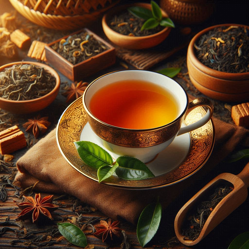 Tasse Assam FTGFOP Tee mit goldener Farbe und Golden Tips auf Holztisch, umgeben von Teeblättern