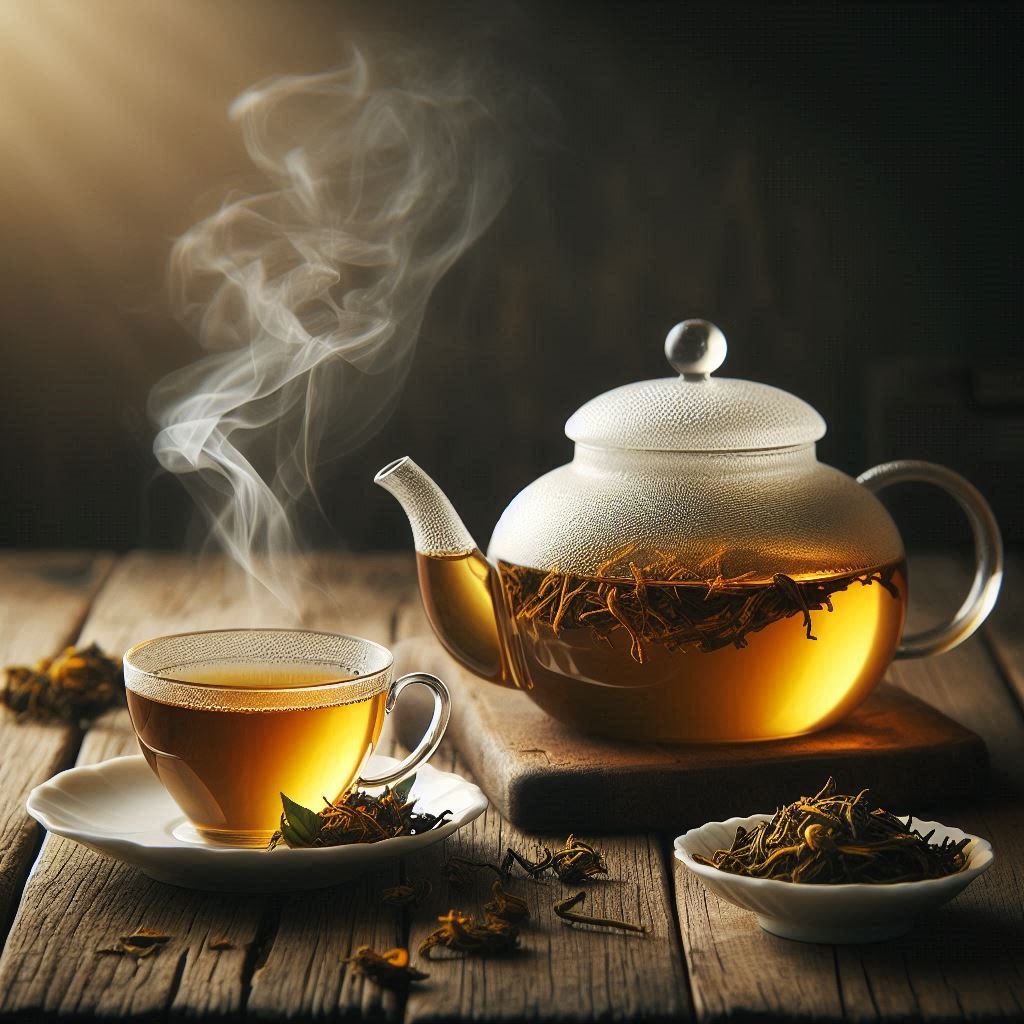 Tasse Darjeeling FTGFOP Tee mit goldener Farbe und goldenen Tips in transparenter Teekanne auf Holztisch, umgeben von trockenen Teeblättern