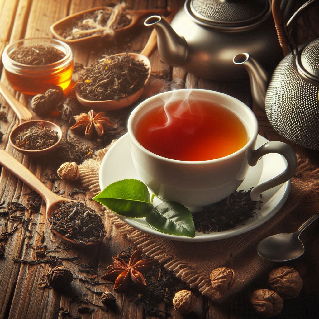 Tasse Englischer Breakfast Tea BOP mit kräftigem Aroma und goldbrauner Farbe auf Holztisch, umgeben von Teeblättern