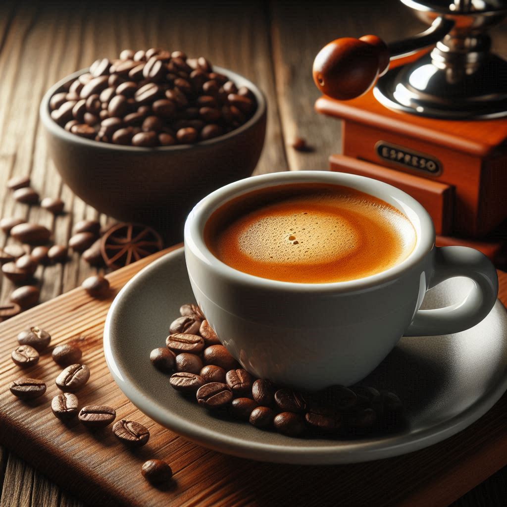 Tasse Espresso Classico mit samtiger Crema und Arabica-Robusta-Bohnen auf Holztisch
