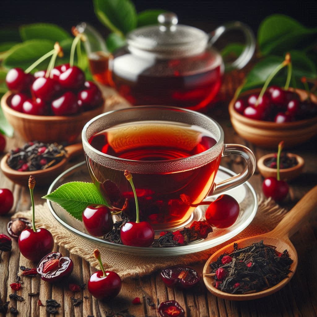 Tasse Schwarztee Wildkirsche mit echten Kirschstückchen auf Holztisch, umgeben von wilden Kirschen