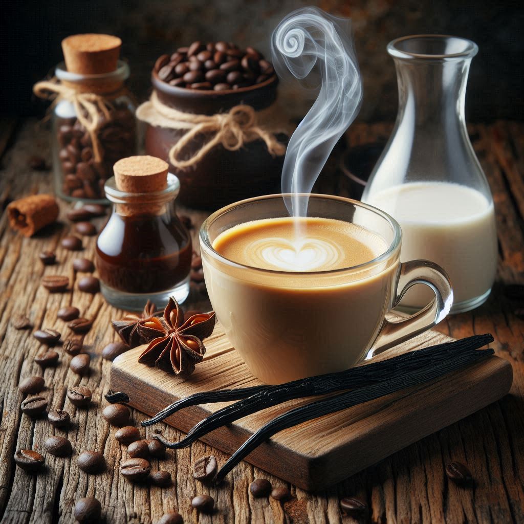 Tasse dampfender Kaffee mit zarter Crema – eine offene Vanilleschote und ein paar Kaffeebohnen verstreut auf einem rustikalen Holztisch mit CreamLikör Flasche