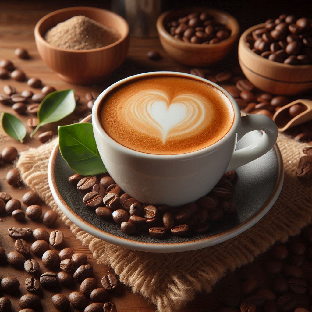 Tasse entkoffeinierter Espresso Classico mit samtiger Crema, umgeben von Arabica- und Robusta-Bohnen auf Holztisch