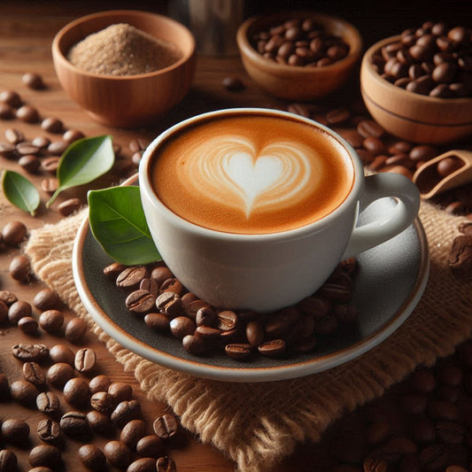 Tasse entkoffeinierter Espresso Classico mit samtiger Crema, umgeben von Arabica- und Robusta-Bohnen auf Holztisch