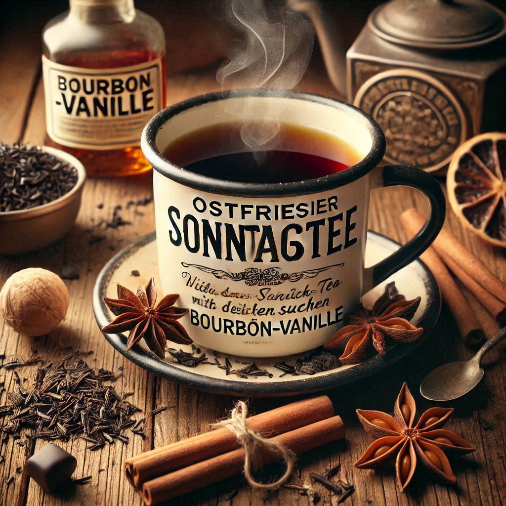 Tasse schwarzer tee Ostfriesischer Sonntagstee, umgeben von Vanilleschoten und einer warmen Atmosphäre – kräftiger Schwarztee mit der süßen Note von Bourbon-Vanille.