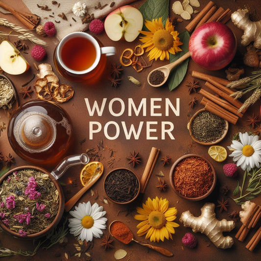 Frauen Power Rooibos Tee, Mate Tee, ApfelstĂŒcke geröstet, Anis, ZimtstĂŒcke, KamillenblĂŒten, Ingwer, Fenchel, Pfeffer schwarz, HimbeerblĂ€tter, Orangenschale, Sonnen- und KornblĂŒtenblĂ€tter, GĂ€nseblĂŒmchen, Nelken.