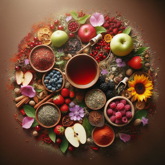 KrĂ€uter tee Der fitte Friese: ApfelstĂŒcke, Hagebuttenschalen, Erdbeer-, Himbeer-, BrombeerblĂ€tter, Holunderbeeren, SonnenblumenblĂŒtenblĂ€tter, Acerolafruchtpulver (Lactose), KornblumenblĂŒtenblĂ€tter, SaflorblĂŒten. brauner Hintergrund