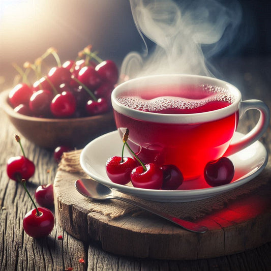 dampfende Tasse Früchtetee Kirsche in einer weißen Porzellantasse auf einem rustikalen Holztisch