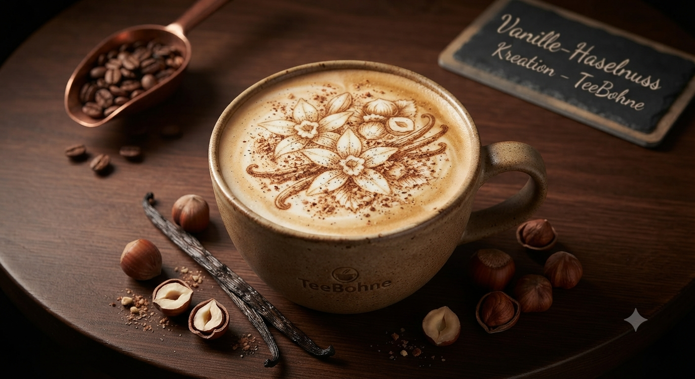 Cremiger Cappuccino auf Basis von TeeBohne Espresso Vanille-Haselnuss mit verziertem Milchschaum, Vanilleschoten und Nüssen