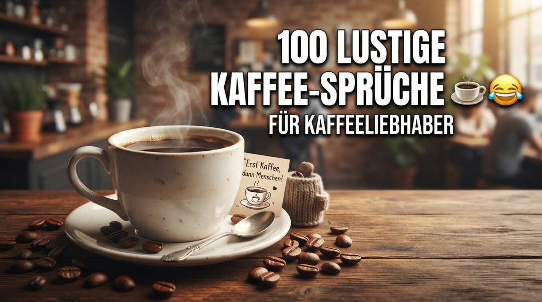 100 lustige Kaffee-Sprüche für Kaffeeliebhaber mit Kaffeetasse und Kaffeebohnen