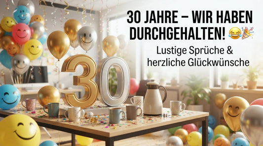 Lustiges Thumbnail zum 30-jährigen Firmenjubiläum mit Smile-Luftballons, Konfetti, Partydekoration und Kaffeetassen