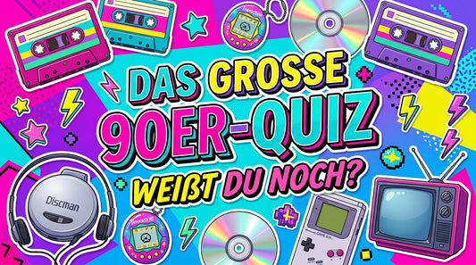 90er-Jahre-Quiz mit Musikkassetten, Discman, Tamagotchi und bunten Retro-Elementen – 50 Fragen zur Nostalgie der 90er