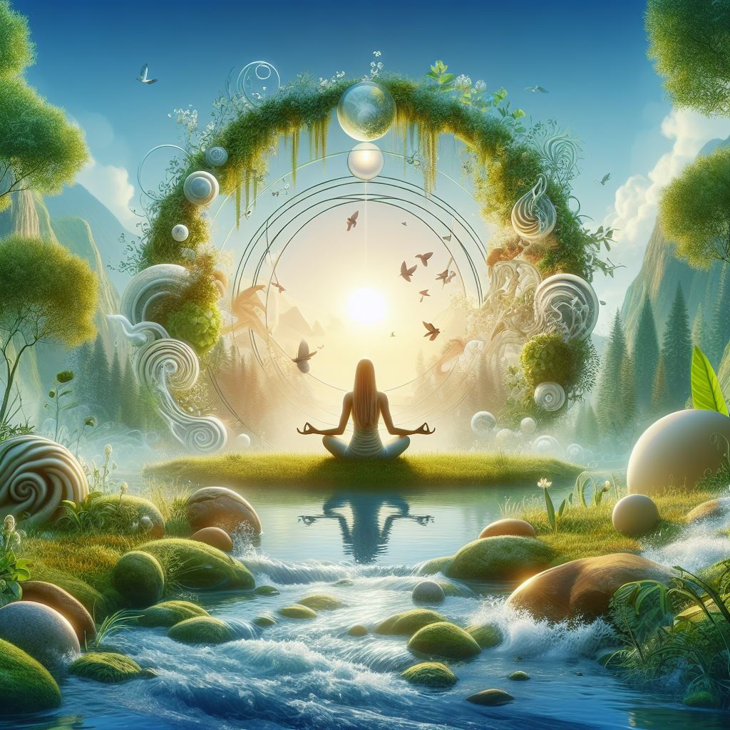 beruhigendes Bild, das die Welt des Kapha-Typs einfängt, mit einer friedlichen Szene von Meditation und Yoga, umgeben von natürlichen Elementen wie fließendem Wasser, grünen Pflanzen und klarem Himmel
