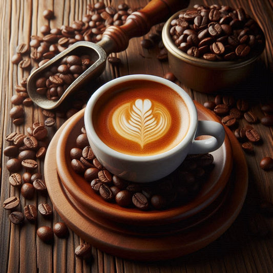 Tasse entkoffeinierter Espresso Classico mit samtiger Crema, umgeben von Arabica- und Robusta-Bohnen auf Holztisch