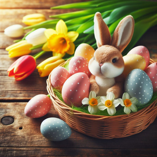  Fröhliche Ostersprüche für Kinder Osterhase im Osterkorb mit bunten Eiern