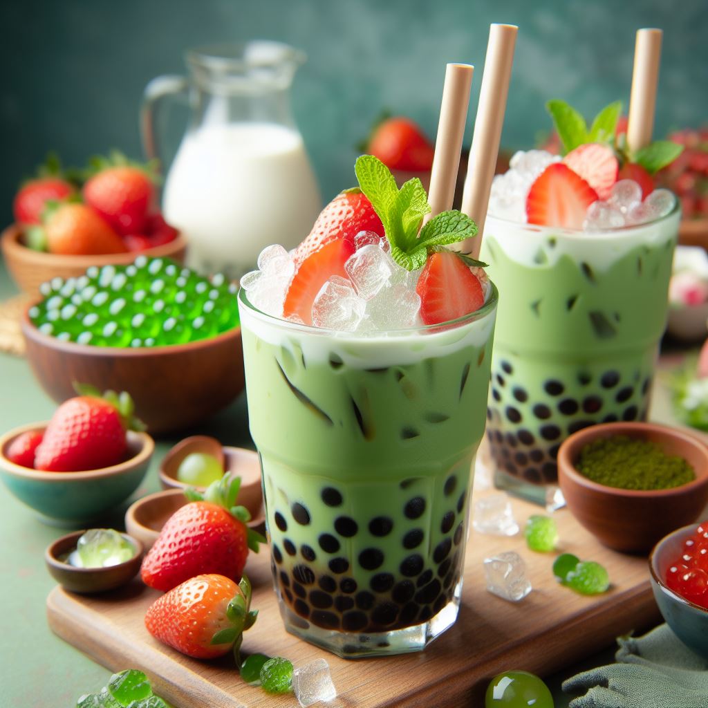 Green Tea Bubble Tea with Strawberry Syrup 2 green tea bags