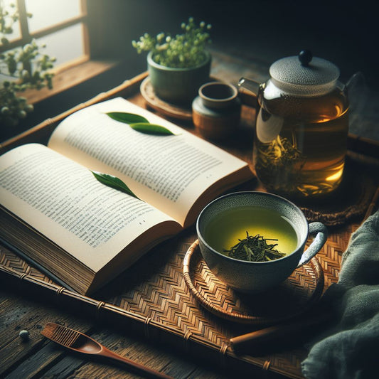 Ein atmosphärisches Bild aus dem Buch "Grüner Tee", das eine entspannte Lesesituation zeigt, mit einer Tasse grünem Tee, einer Teeblatt-Infusion und einem offenen Buch auf einem Bambustisch