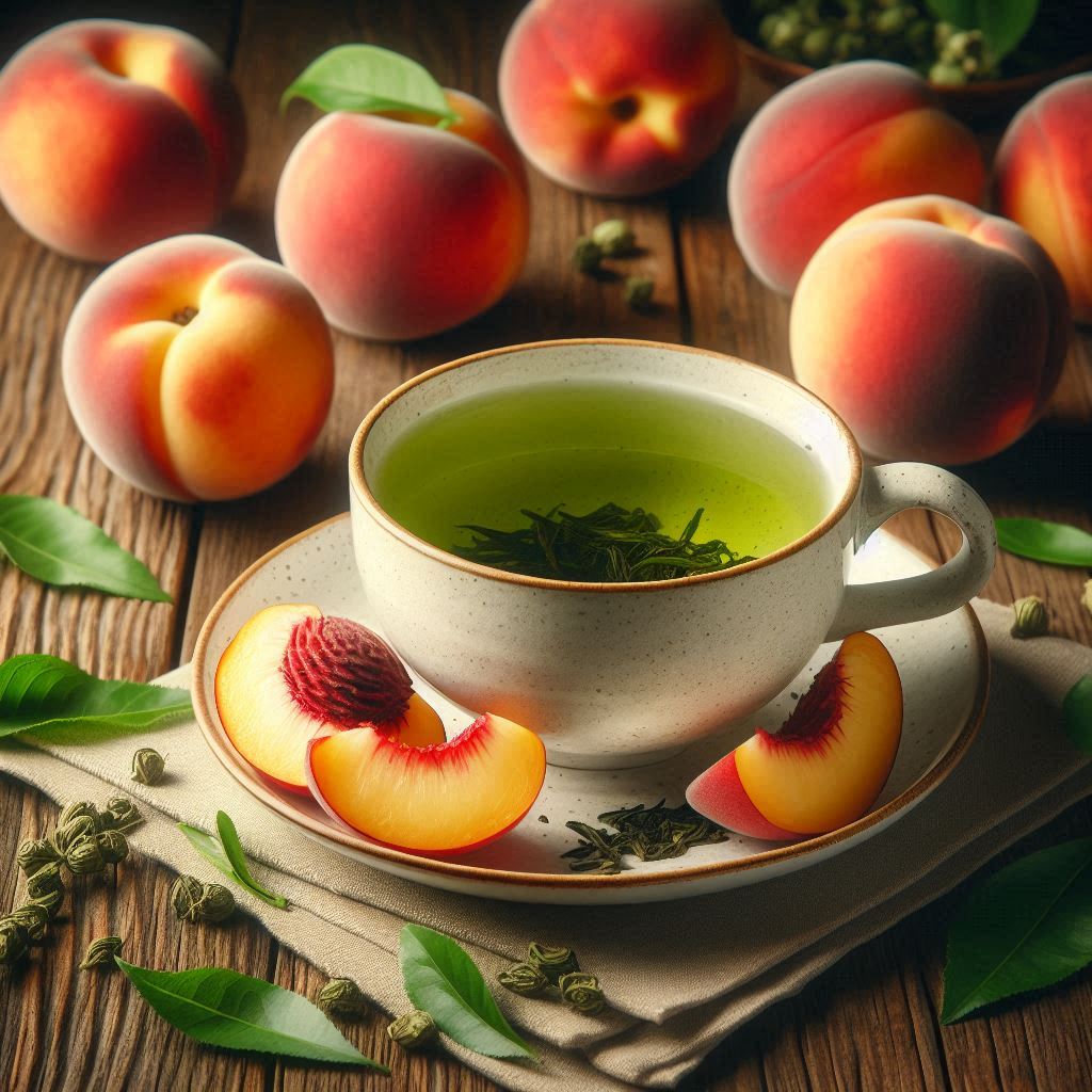 Tasse Grüner Tee Pfirsich mit Sencha und Pfirsichstückchen auf Holztisch, umgeben von frischen Pfirsichen