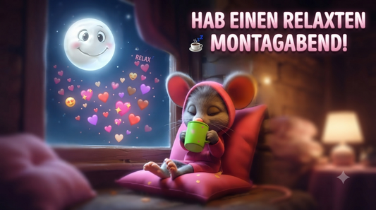 Guten Abend und gute Nacht Grüße Montag Maus mit Teetasse chillen