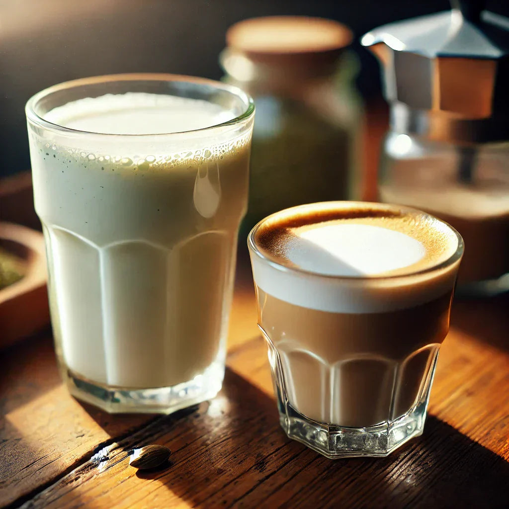 Bild über Ein Glas Hemp milch neben einer Tasse Cappuccino mit cremigem Milchschaum