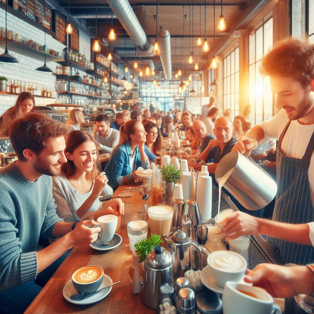 Ein geschäftiges Café während der Frühstückszeit, mit Kunden, die Instant-Cappuccinos bestellen und sich angeregt unterhalten, Barista jongliert mit Tassen und Milchschaum, lebhaftes Treiben und freundliche Atmosphäre