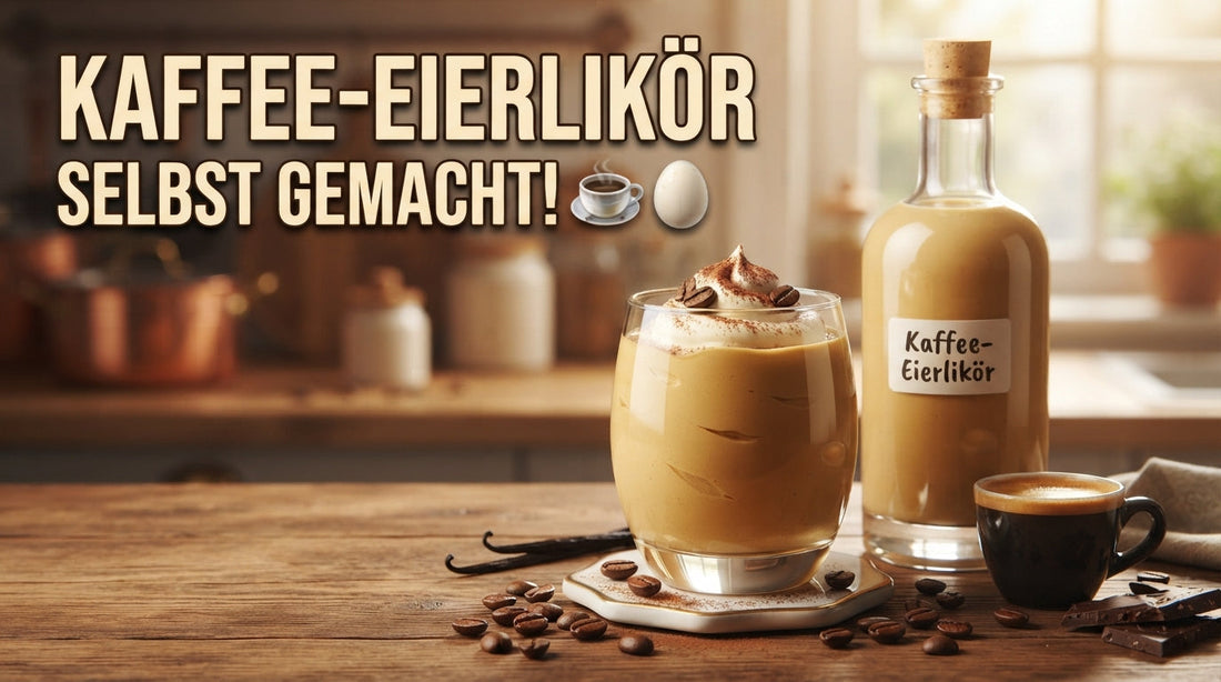 Selbstgemachter cremiger Kaffee-Eierlikör mit Espresso in einer Glasflasche neben Kaffeebohnen