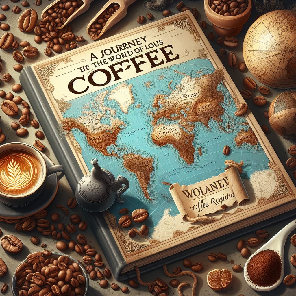 Eine Reise durch die Welt des köstlichen Kaffees" als Buchcover, das eine Weltkarte mit Kaffeeregionen, aromatischen Kaffeebohnen und stilvollen Kaffeebechern zeigt, Illustration, digitale Kunst,