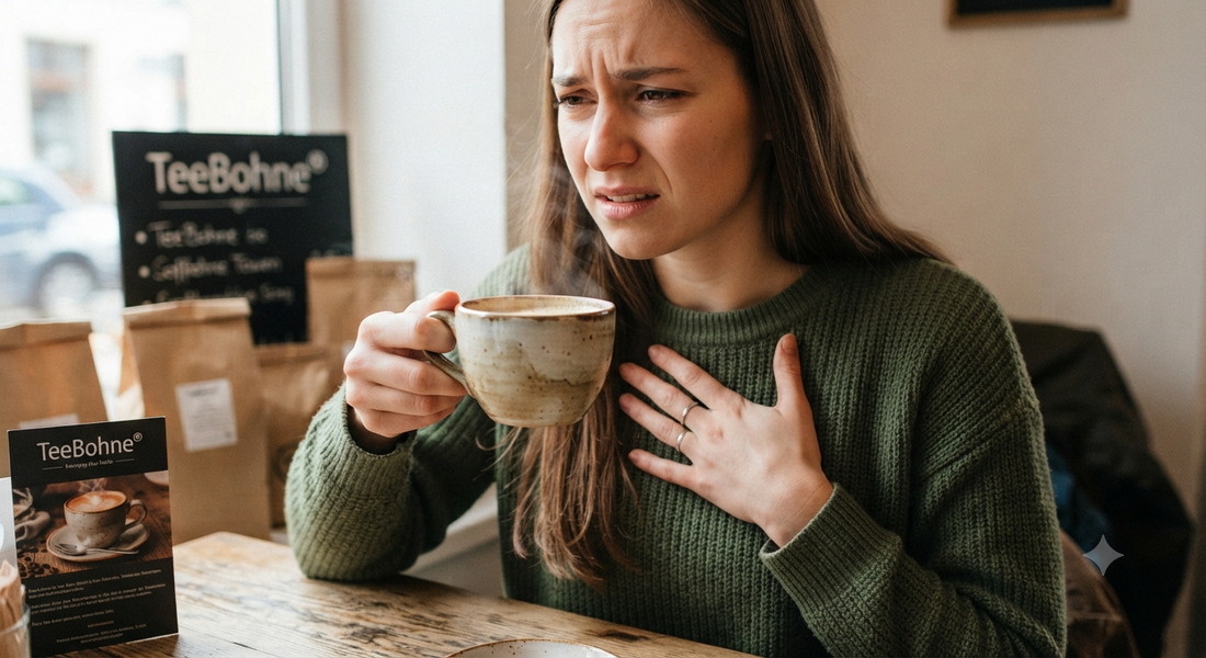 Magenfreundlicher Kaffee bei Sodbrennen – Frau hält Tasse in der linken Hand und fasst sich mit der rechten Hand an die schmerzende Brust