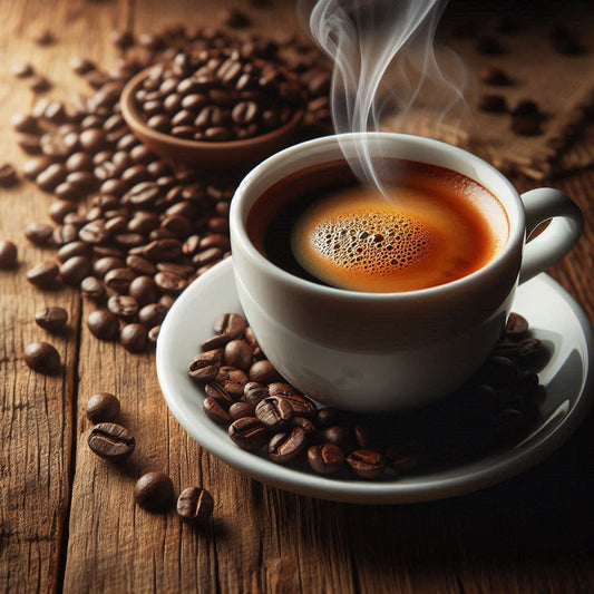 Tasse Filterkaffee mit Kaffeebohnen, auf Holztisch, beleuchtet von Morgenlicht – Kaffee und Gesundheit im Fokus