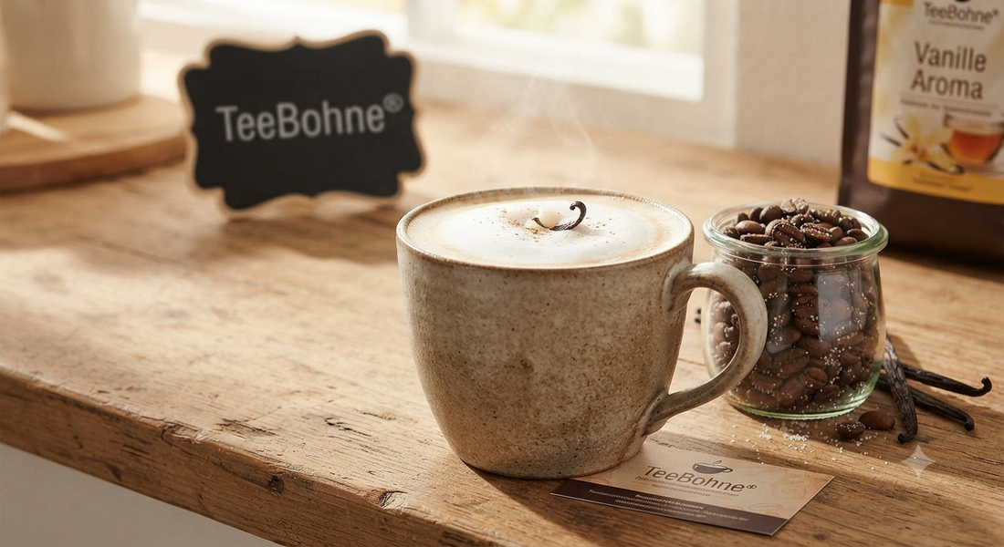 Eine warme, dampfende Tasse Vanille-Kaffee mit Milchschaum Vanilleschoten und Kaffeebohnen mit Aroma