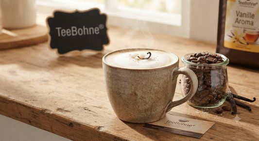 Eine warme, dampfende Tasse Vanille-Kaffee mit Milchschaum Vanilleschoten und Kaffeebohnen mit Aroma