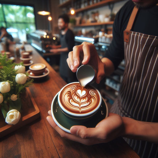 ein Barista eine Tasse Kaffee mit Latte-Art verziert und dabei die Herzform, Tulpenform und Rosettenmuster geschickt kombiniert, um eine ansprechende und kunstvolle Präsentation zu schaffen