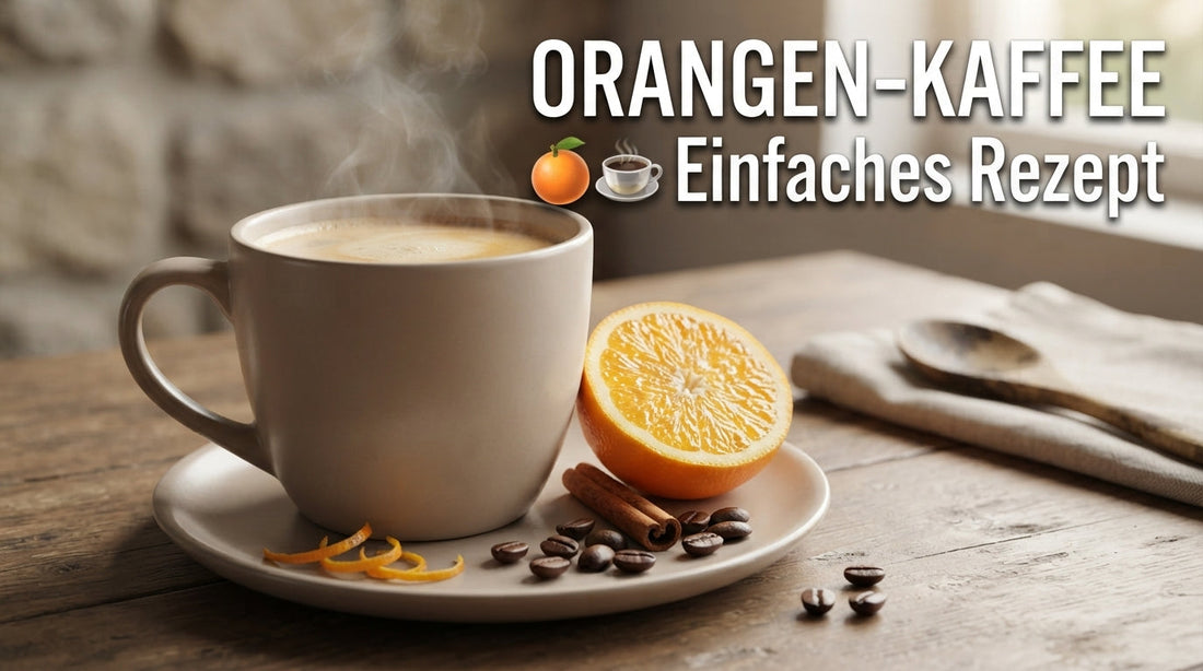 Orangen-Kaffee auf einer rustikalen Holzoberfläche. Daneben liegen eine frisch aufgeschnittene saftige Orange, feine Orangenzesten, Kaffeebohnen und eine Zimtstange Text ORANGEN-KAFFEE – Einfaches Rezept