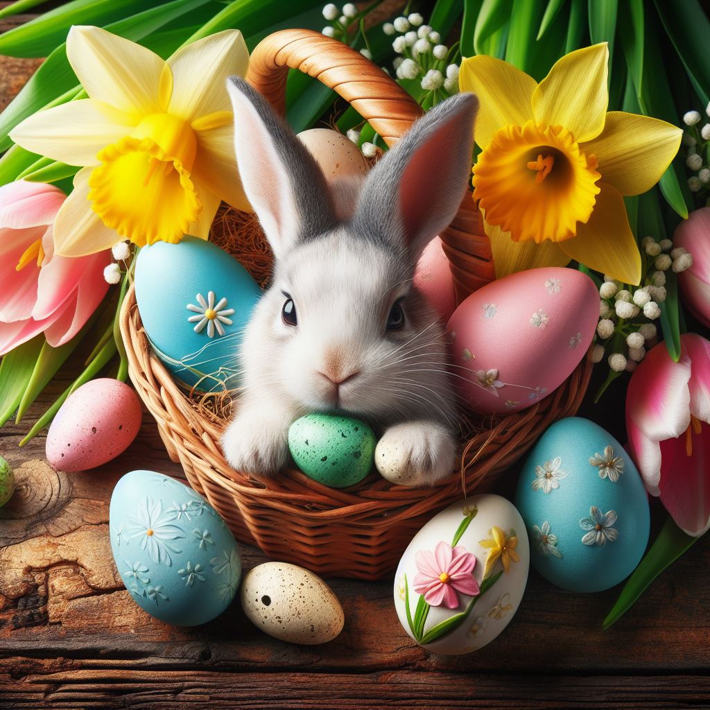 Osterhase, Osterkorb mit bunten Eiern und Narzissen Die Bedeutung von Ostern in verschiedenen Kulturen und Glaubensrichtungen