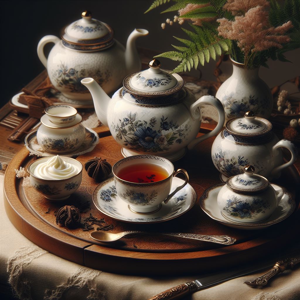 Ein stillvolles Teeservice für Ostfriesentee, präsentiert auf einem traditionellen ostfriesischen Teetisch mit feinem Porzellan, Teeblättern, Sahne und Kluntjes, um die Authentizität und Eleganz des ostfriesischen Teegenusses zu unterstreichen