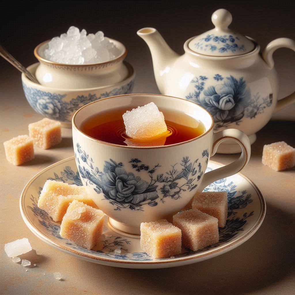 Ostfriesische Teetasse mit Kluntje (Kandiszucker) und bisschen Sahne im tee auf einem Porzellan Stövchen