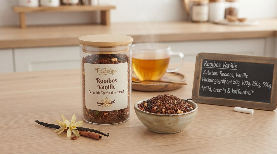 Rooibos Vanille ist mild, cremig und von Natur aus koffeinfrei. Ideal als Tee für den Abend – auch für die ganze Familie. Jetzt bei TeeBohne entdecken.