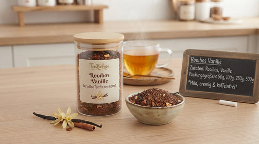 Rooibos Vanille ist mild, cremig und von Natur aus koffeinfrei. Ideal als Tee für den Abend – auch für die ganze Familie. Jetzt bei TeeBohne entdecken.