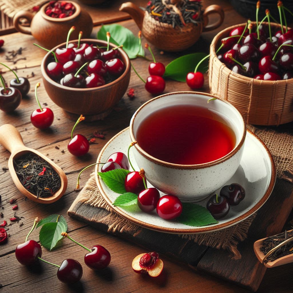 Tasse Schwarzer tee Wildkirsche mit echten Kirschstückchen auf Holztisch, umgeben von wilden Kirschen und schwarzem Tee
