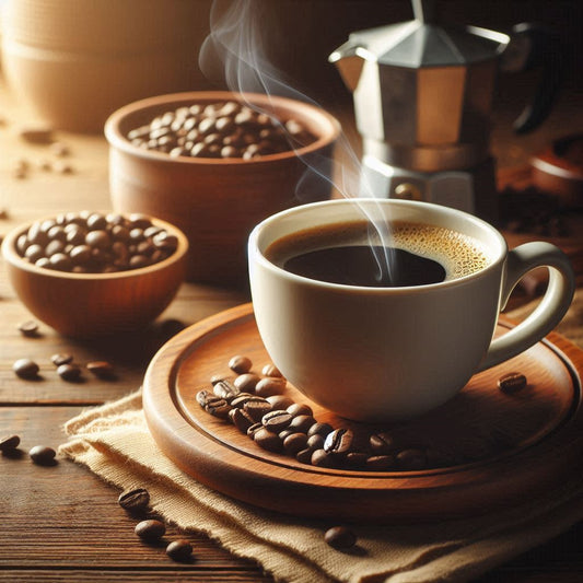 Tasse entkoffeinierter Kaffee auf einem Holztisch, daneben Kaffeebohnen . Sanfte Morgenstimmung mit warmem Licht