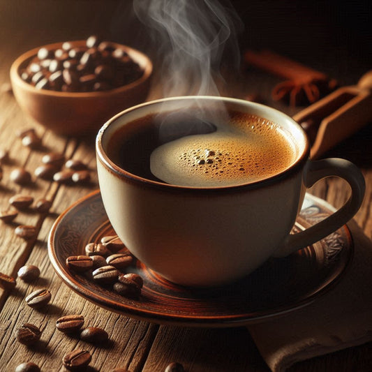 Magenfreundlicher Kaffee Tasse mild gerösteter Kaffee auf einem rustikalen Holztisch, Warme, beruhigende Stimmung