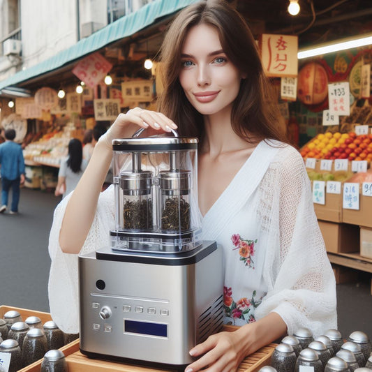 Meisterhafte Teezubereitung: Die besten Teeautomaten für losen Tee im Überblick Teeautomat schöne Frau davor auf dem Markt, die speziell für die Zubereitung von losem Tee