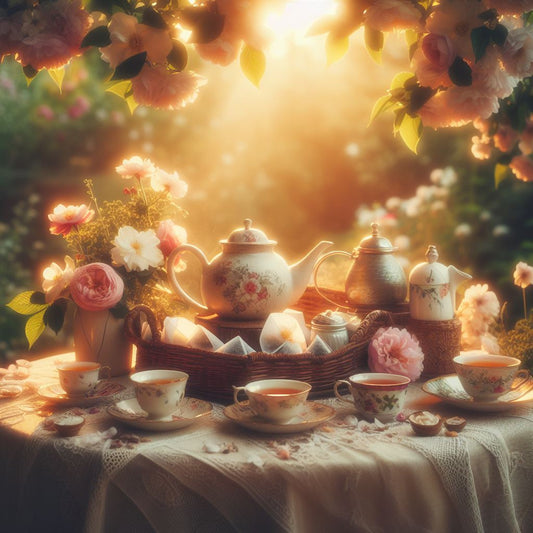 Teeei, Teefilter Teetisch im Freien, geschmückt mit Teefiltern,, Teetassen und einer Teekanne, umgeben von blühenden Blumen und dem sanften Licht der untergehenden Sonne