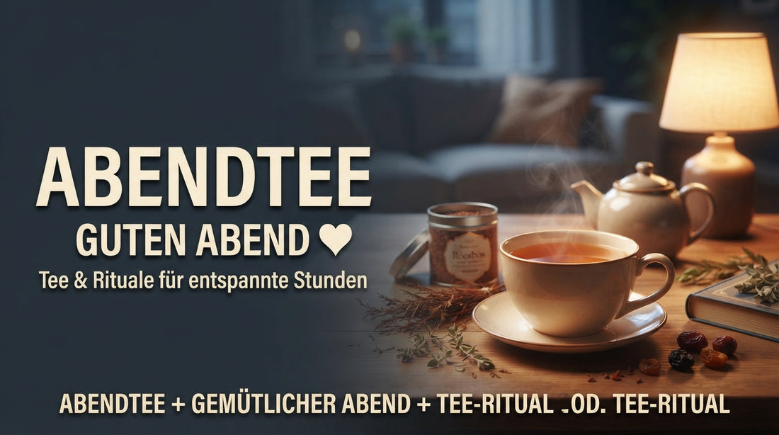 Abendtee & Rituale für entspannte Stunden‘. Dargestellt mit einer warmen Keramiktasse mit Tee auf einem Holztisch, stimmungsvollem Licht, Teeblättern, Buch und Lampe sowie dem Schriftzug ‚ABENDTEE GUTEN ABEND